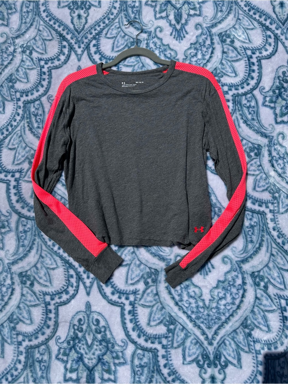 Under Armour Charcoal Cropped Long Sleeve Top with Pink Stripe Accents